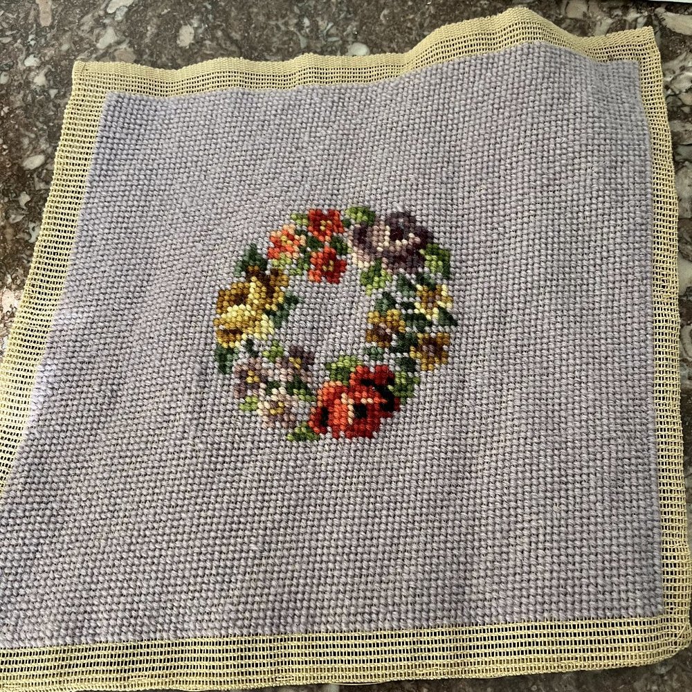 Preworked Handmade Needlepoint Roses Floral Wreath Lavender Completed Finished